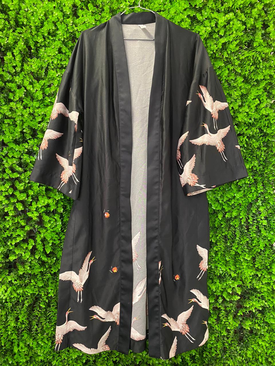 Black Crane Print Kimono Jacket