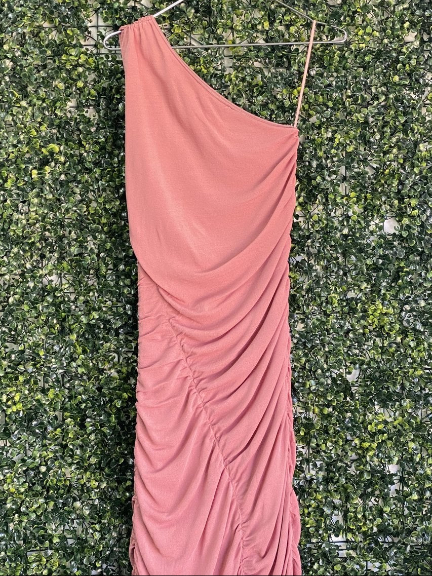 Zara Dusty Rose One-Shoulder Ruched Maxi Dress — back