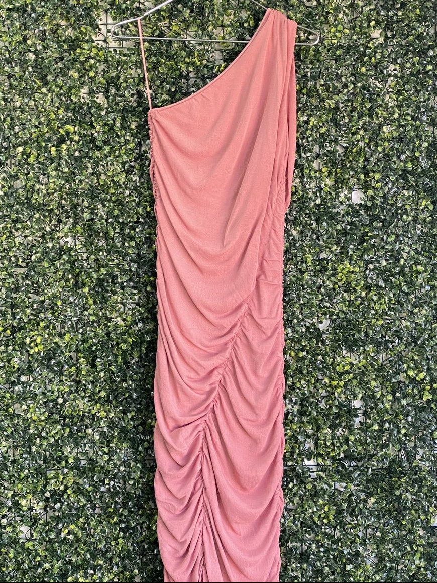 Zara Dusty Rose One-Shoulder Ruched Maxi Dress — front