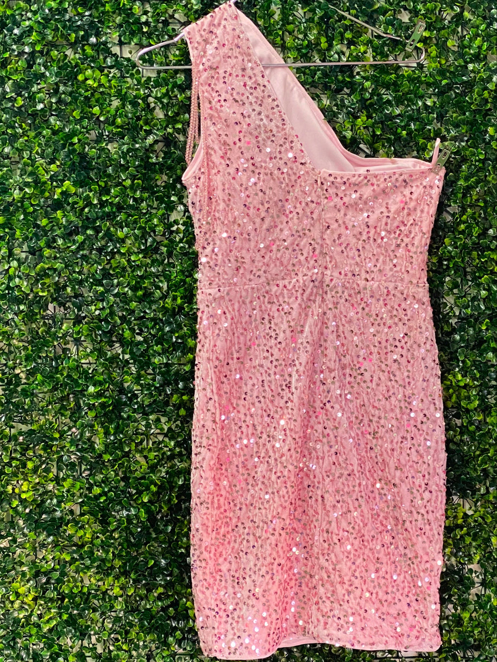 Blush Sequin One Shoulder Mini Dress — back