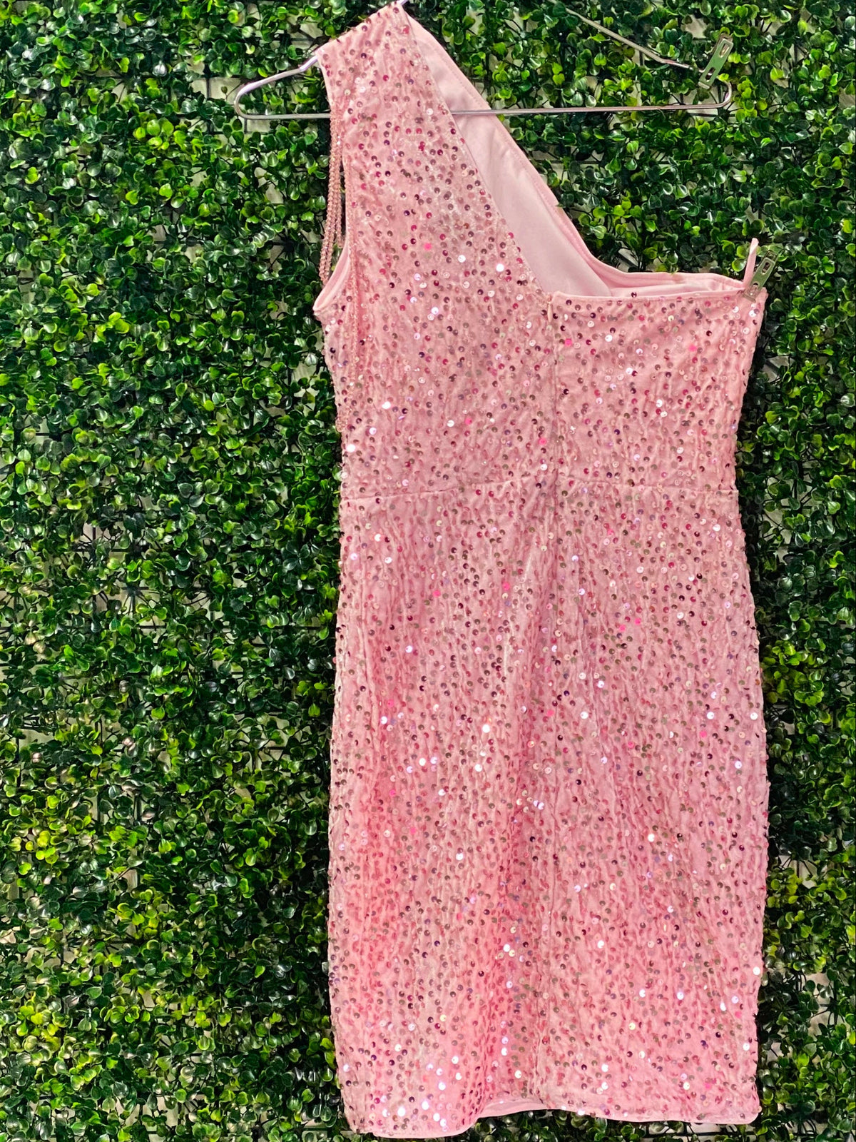 Blush Sequin One Shoulder Mini Dress — back
