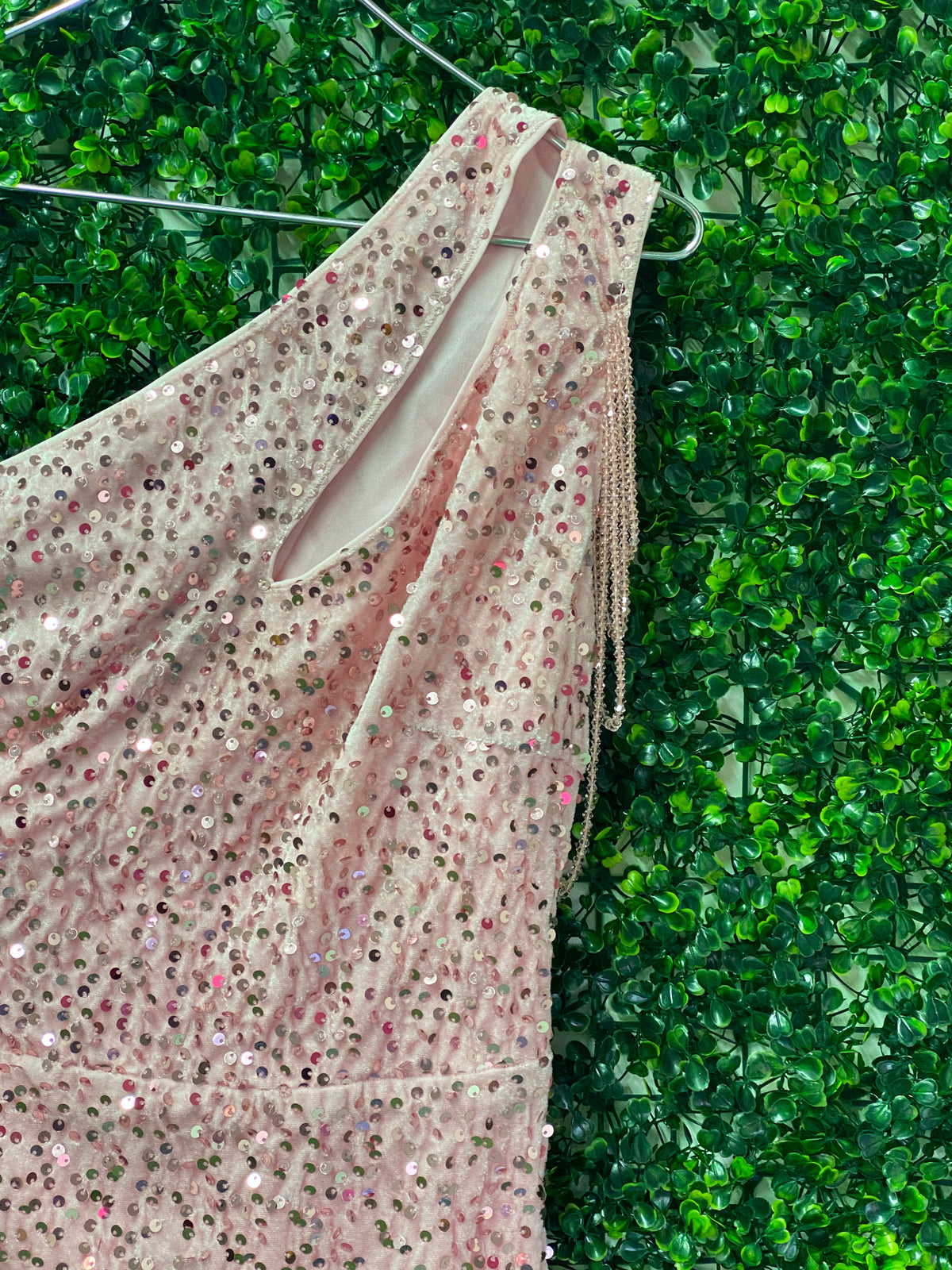 Blush Sequin One Shoulder Mini Dress — detail