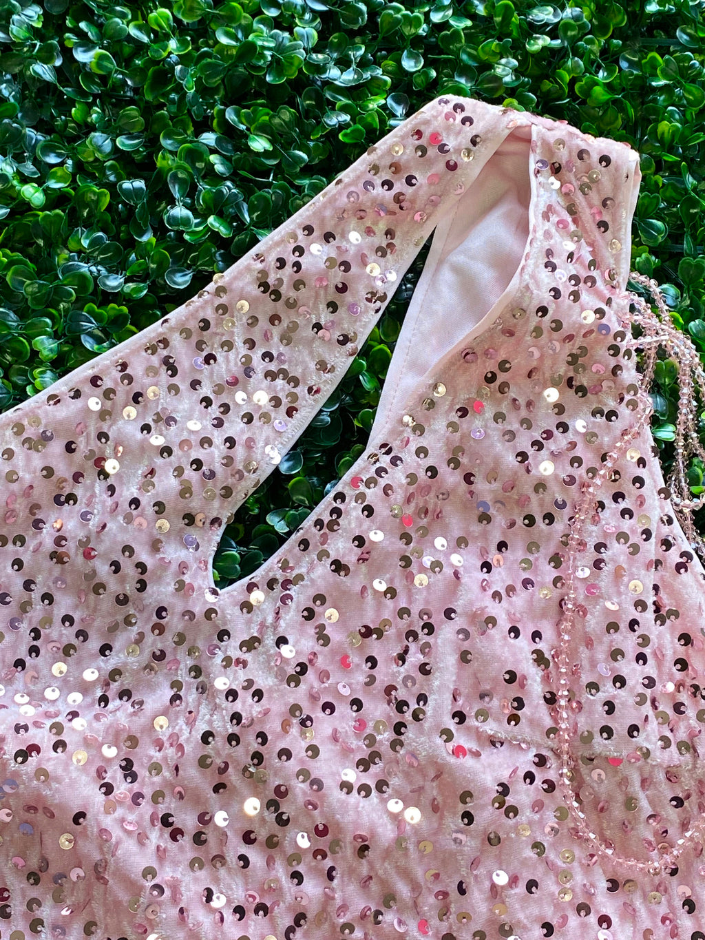 Blush Sequin One Shoulder Mini Dress — detail