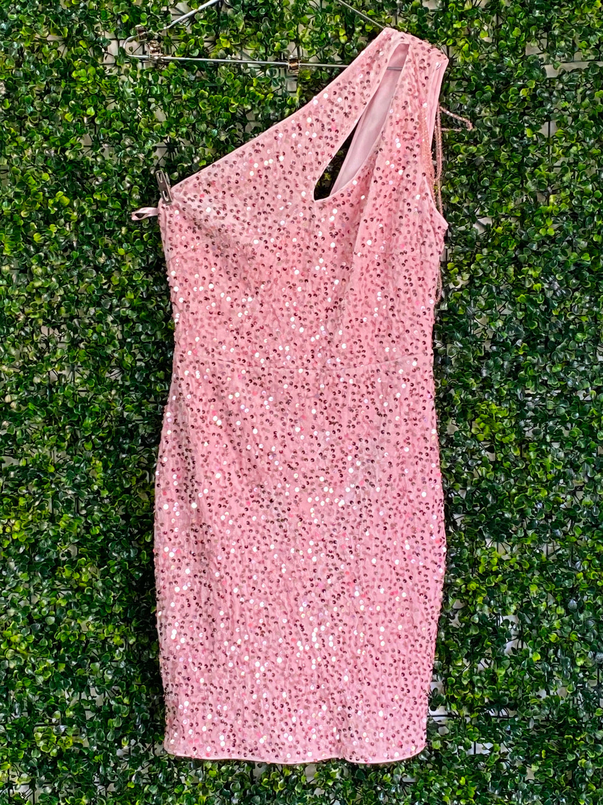 Blush Sequin One Shoulder Mini Dress — detail
