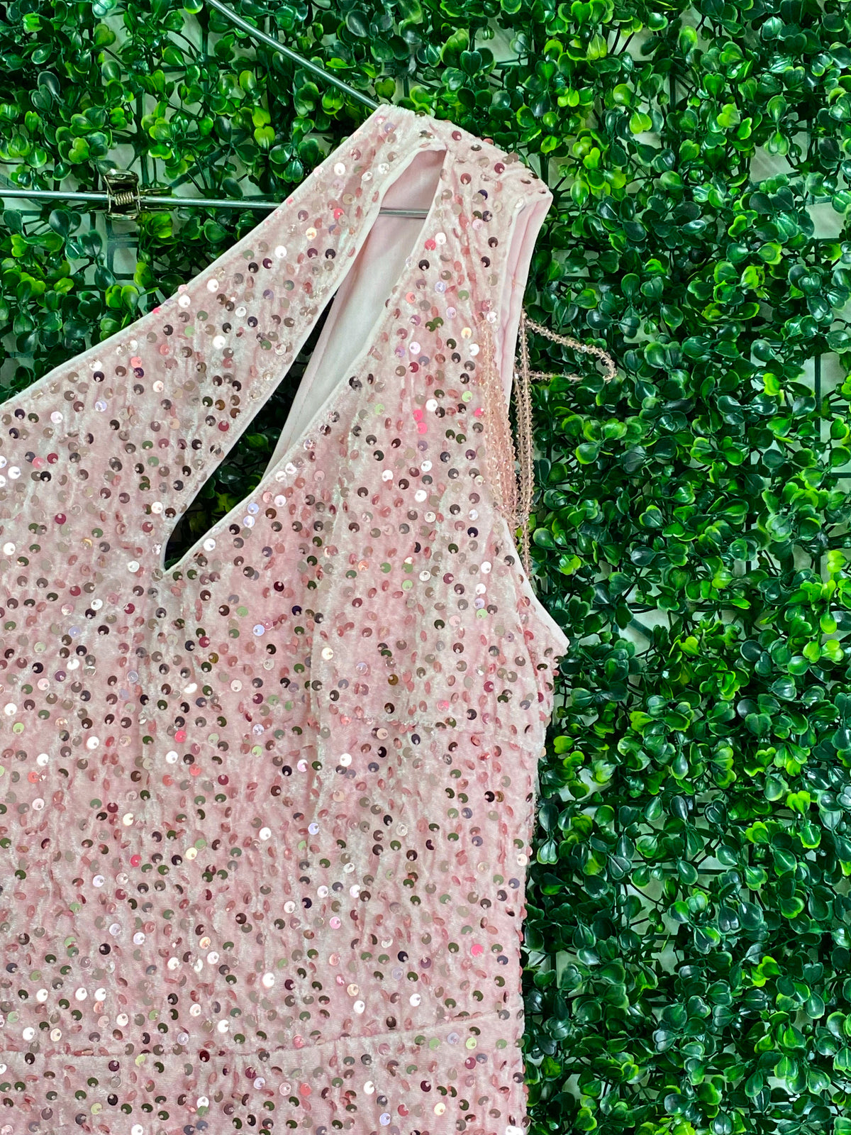 Blush Sequin One Shoulder Mini Dress — detail