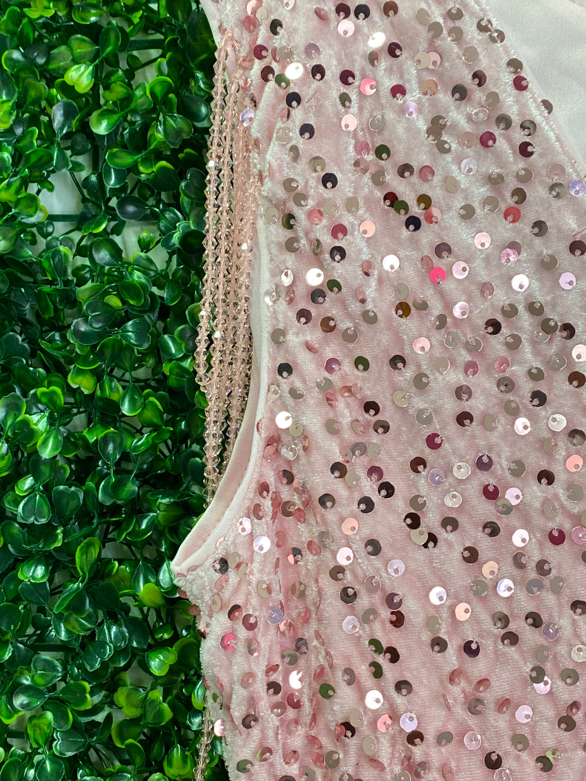 Blush Sequin One Shoulder Mini Dress — detail