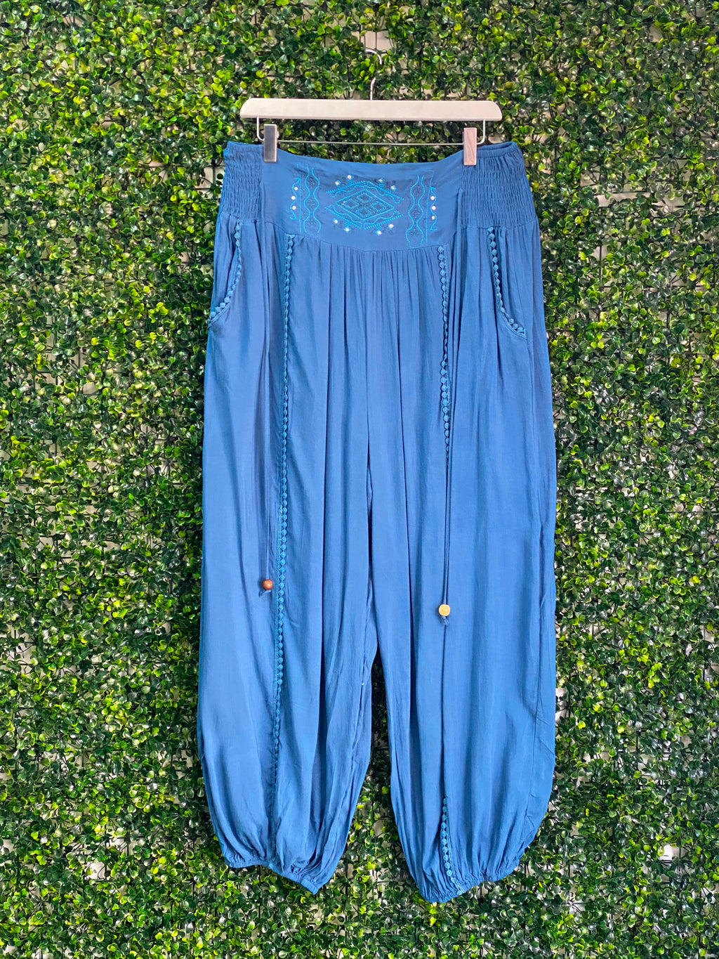 Luna Fashion Blue Embroidered Harem Trousers — detail