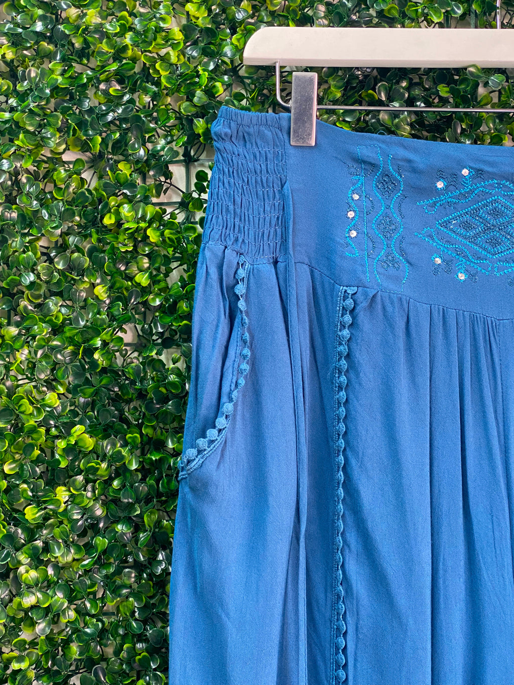 Luna Fashion Blue Embroidered Harem Trousers — detail