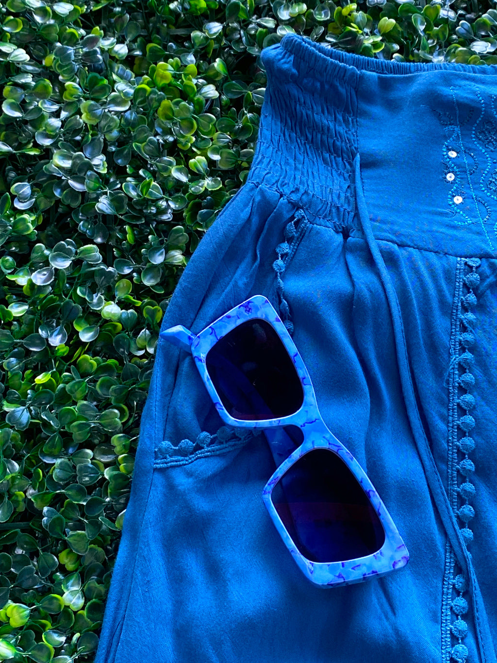 Luna Fashion Blue Embroidered Harem Trousers — detail