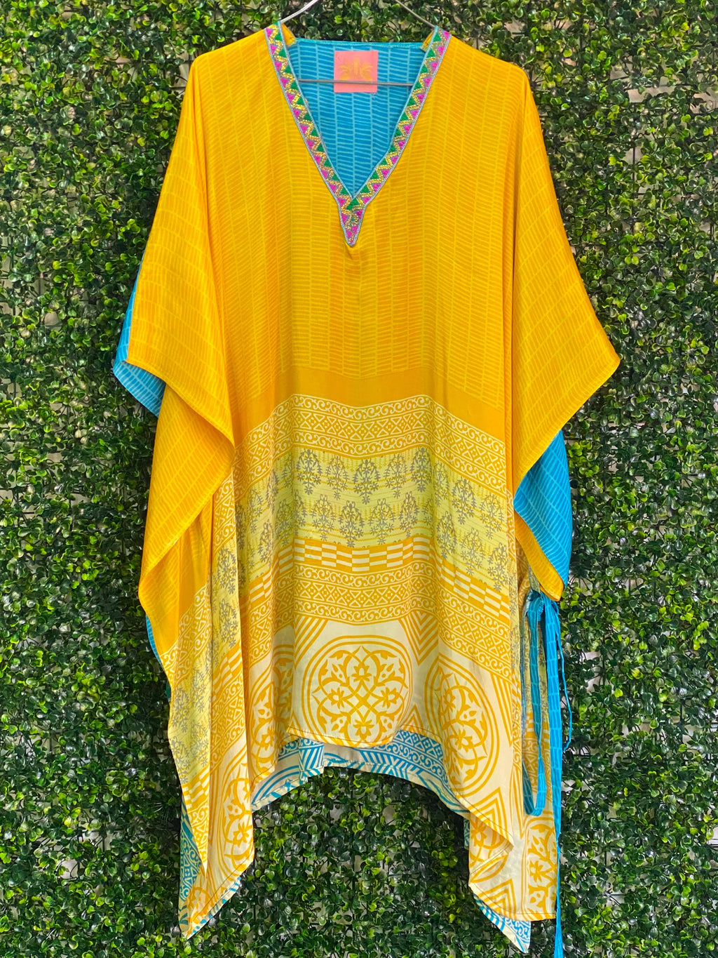 Yellow and Blue Embellished Kaftan — front