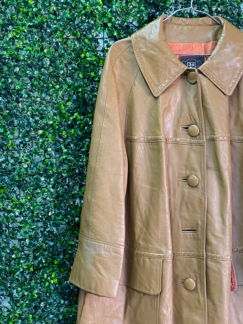 24K Leather Tan Long Coat — detail