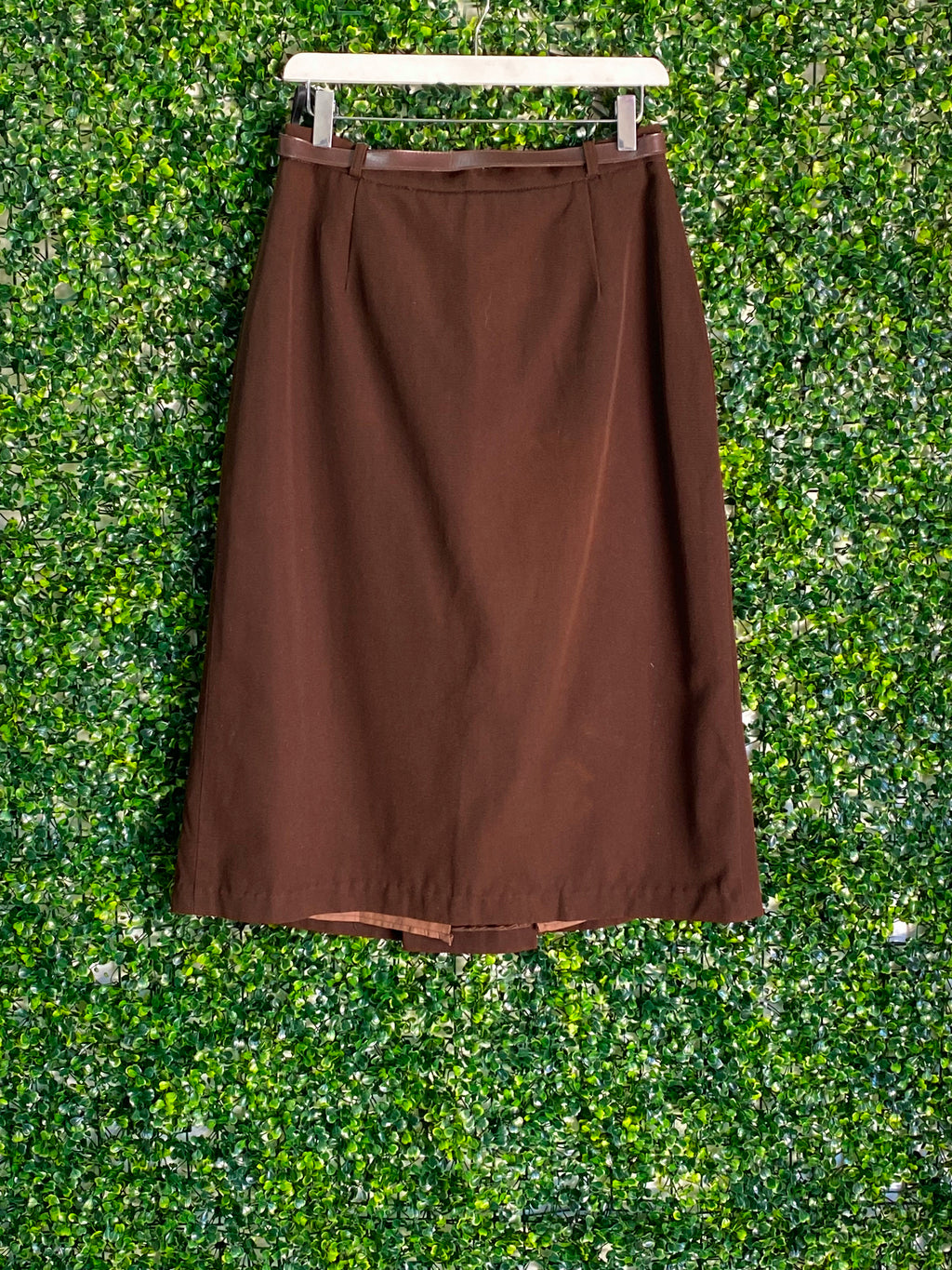 Harco Chocolate Brown Pure-New-Wool Belted Midi Skirt — back