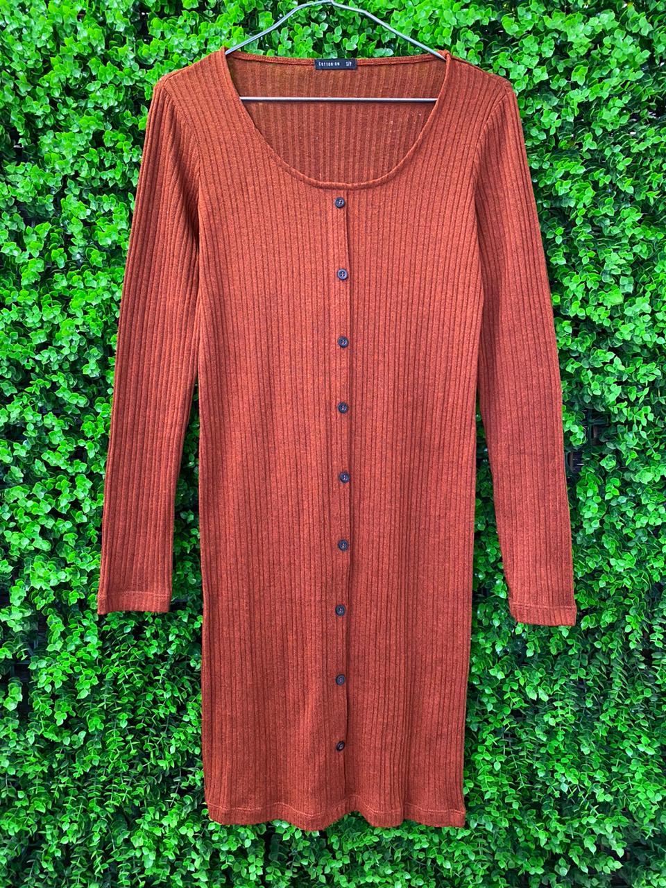 Rust Ribbed Button-Front Sweater Dress
