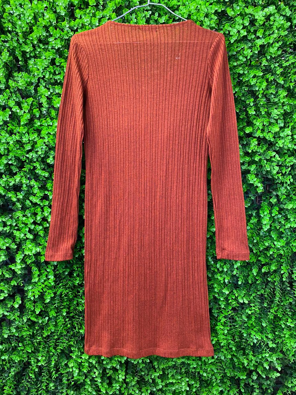 Rust Ribbed Button-Front Sweater Dress