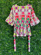 African Idol Multicolour Geometric Wrap Peplum Top — back