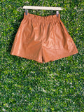 Lesego M Tan Faux-Leather Elastic-Waist Shorts — front