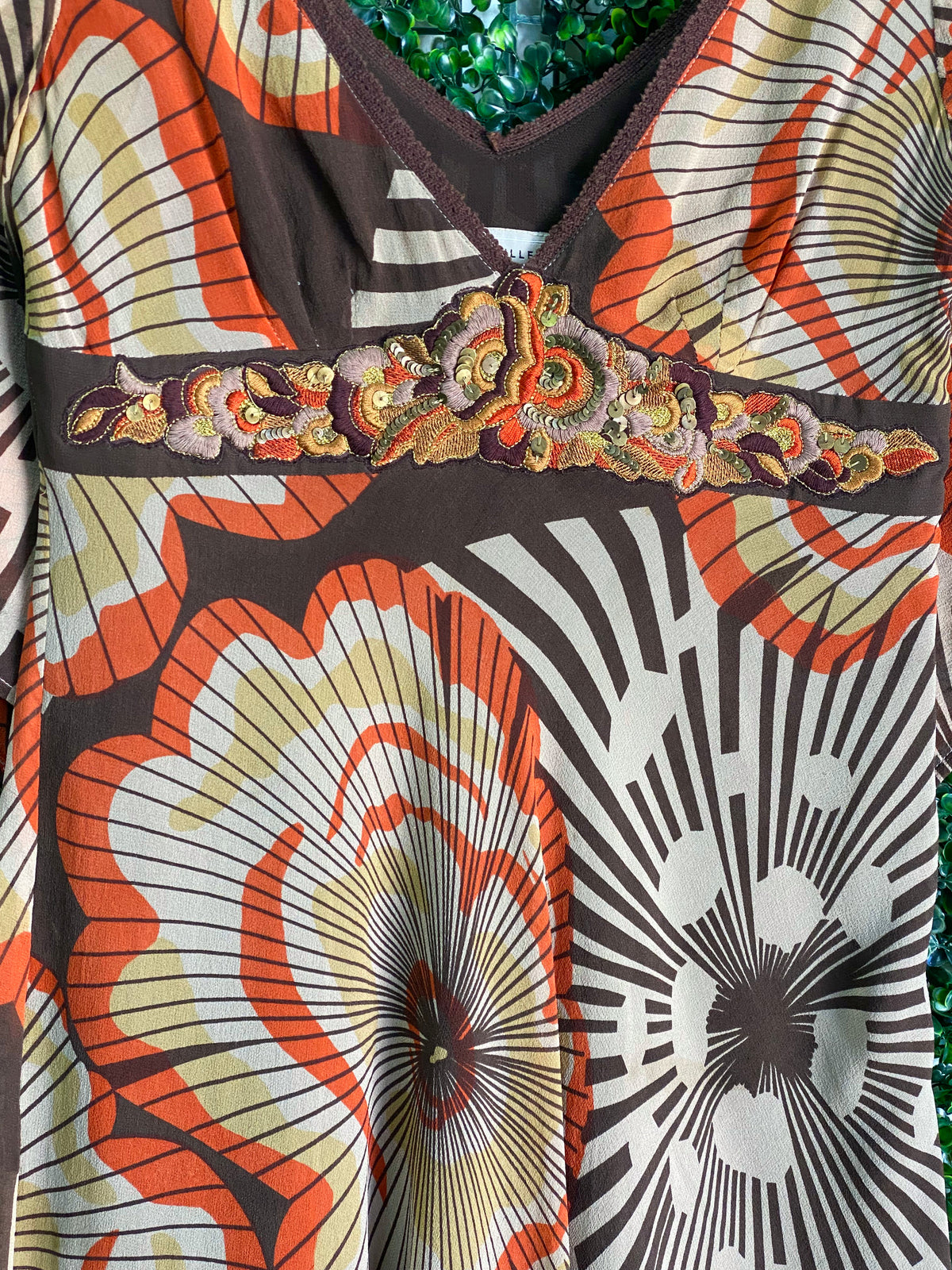 Karen Millen Rust & Brown Silk Embellished Print Dress — detail