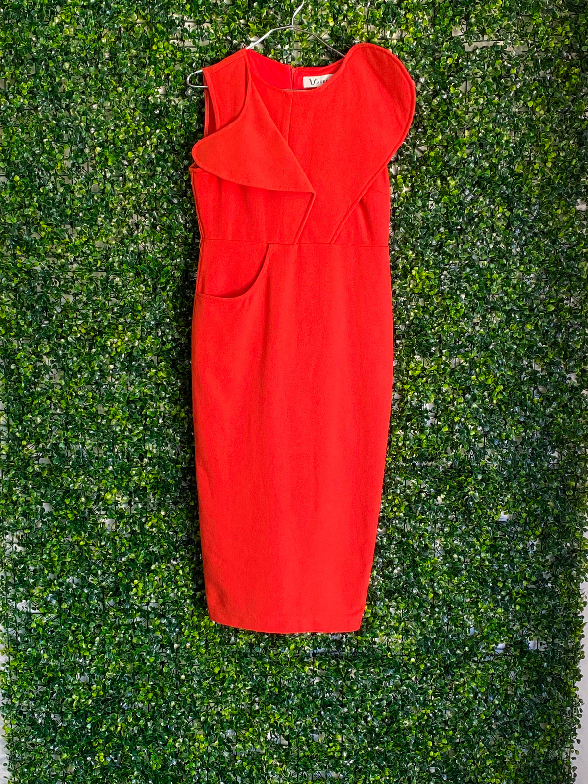 VAGEER Coral Red Silk-Blend Sculpted Midi Dress — detail