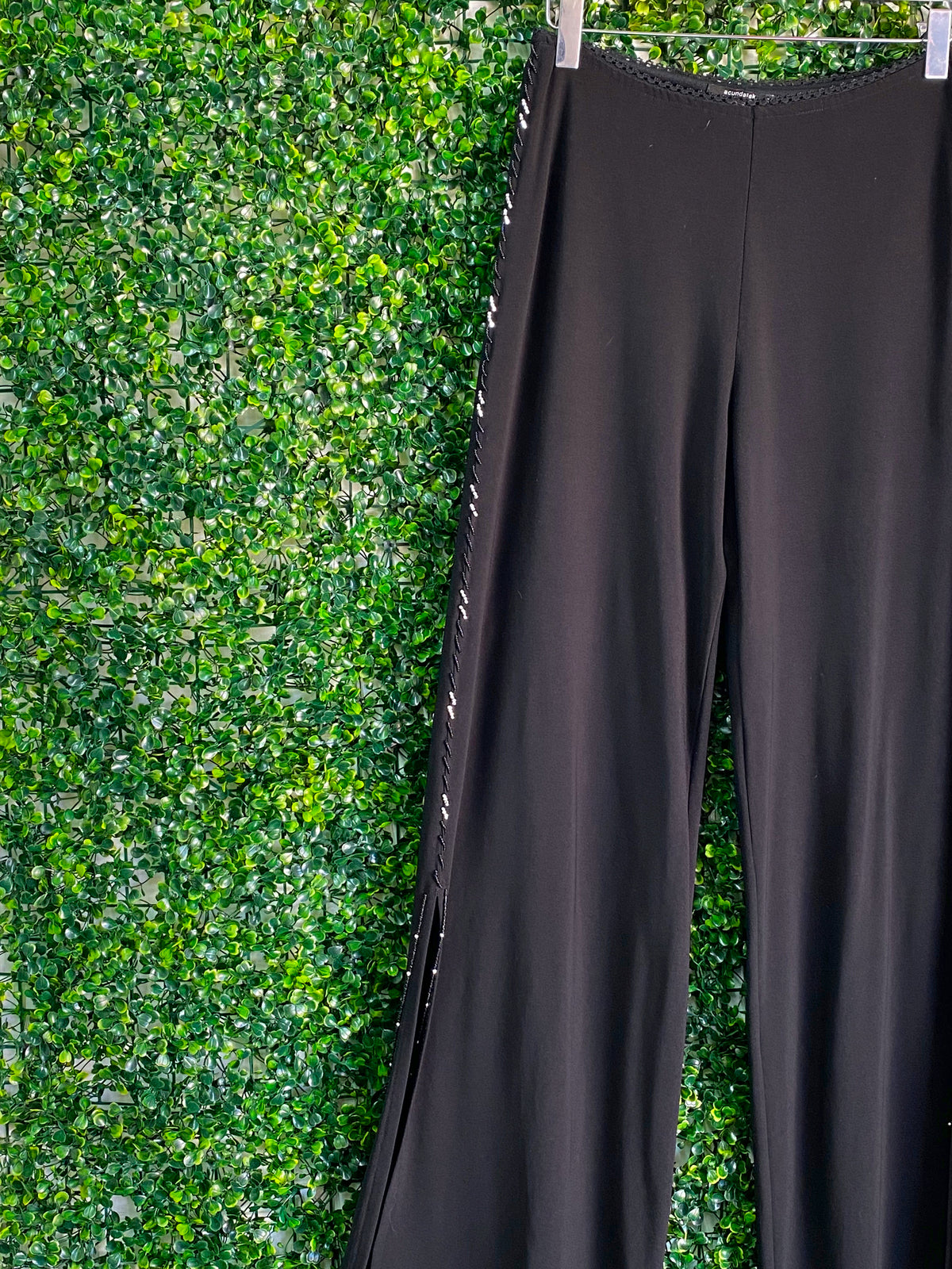 Acundatek A1 Black Beaded Side-Slit Wide-Leg Trousers — detail