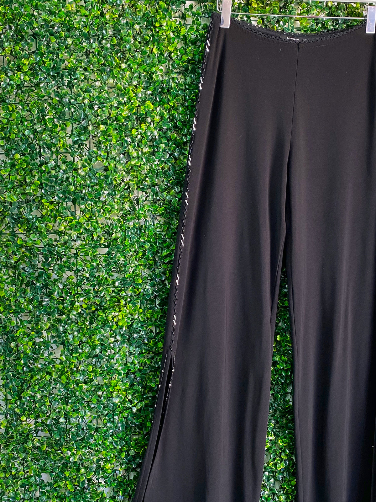 Acundatek A1 Black Beaded Side-Slit Wide-Leg Trousers — detail