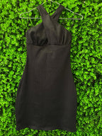 Black Ribbed Cross-Neck Mini Dress