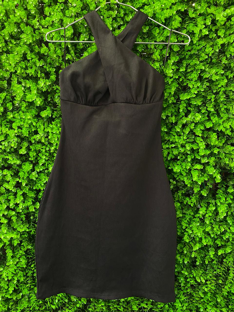 Black Ribbed Cross-Neck Mini Dress