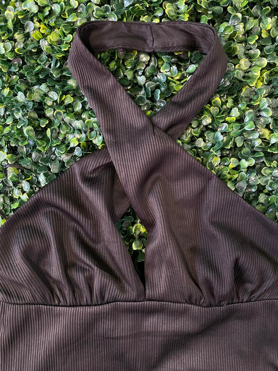 Black Ribbed Cross-Neck Mini Dress