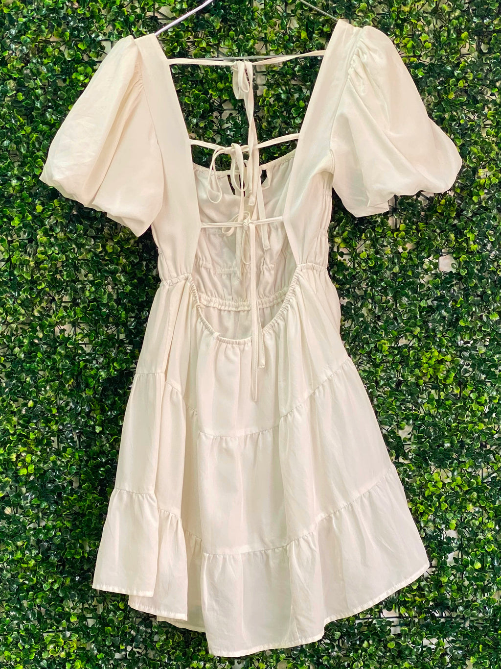 Y&G Foschini Ivory Puff-Sleeve Tiered Mini Dress — back