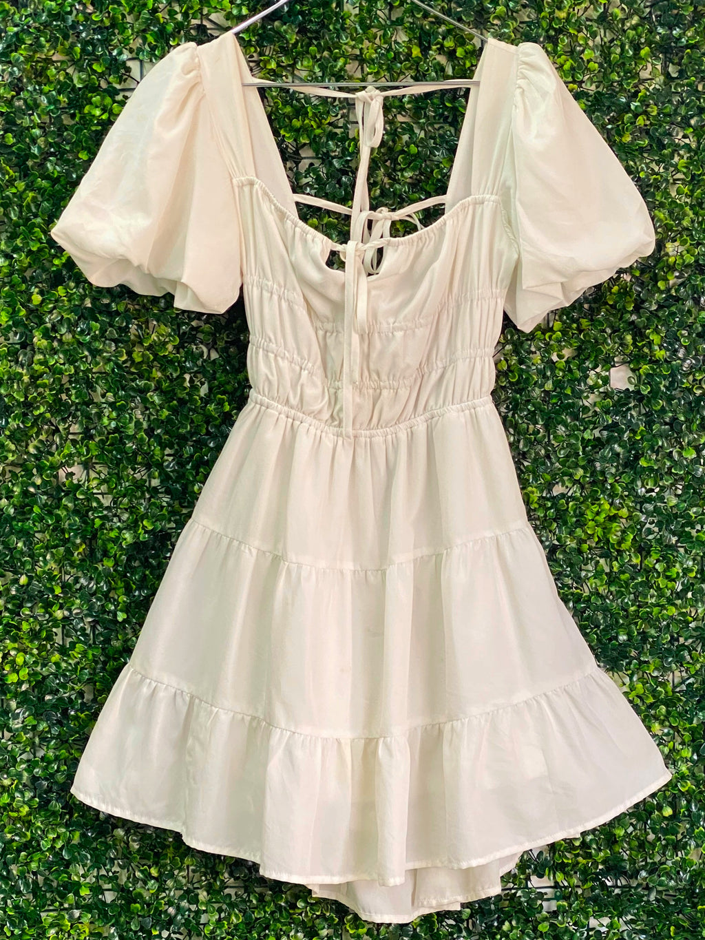 Y&G Foschini Ivory Puff-Sleeve Tiered Mini Dress — front