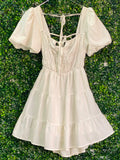 Y&G Foschini Ivory Puff-Sleeve Tiered Mini Dress — front