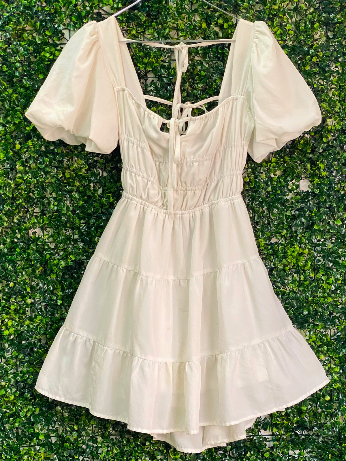 Y&G Foschini Ivory Puff-Sleeve Tiered Mini Dress — front