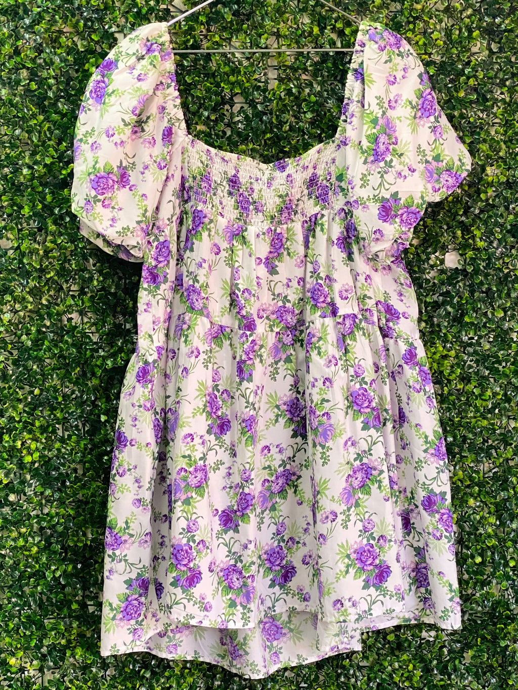 Y&G Foschini Ivory Purple Floral Puff-Sleeve Mini Dress — back
