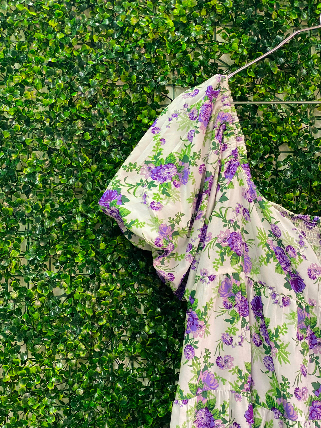 Y&G Foschini Ivory Purple Floral Puff-Sleeve Mini Dress — detail