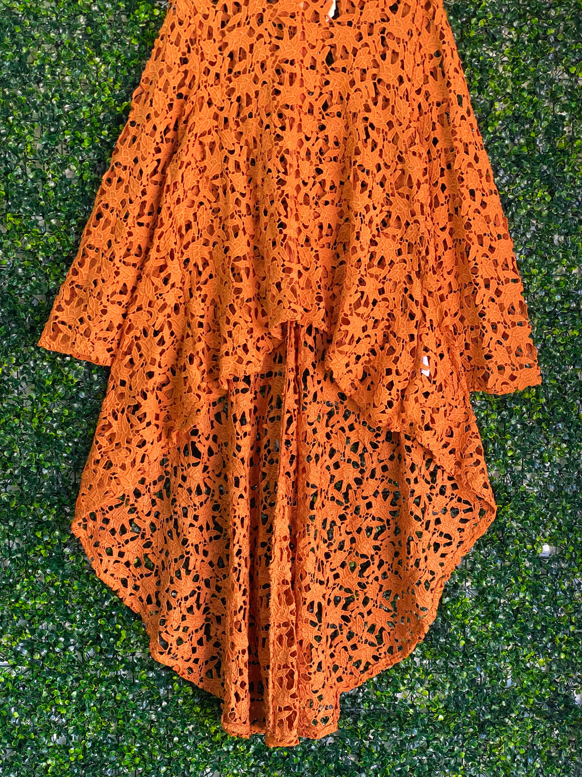 Stella Burnt Orange Crochet Lace High-Low Shirt — detail