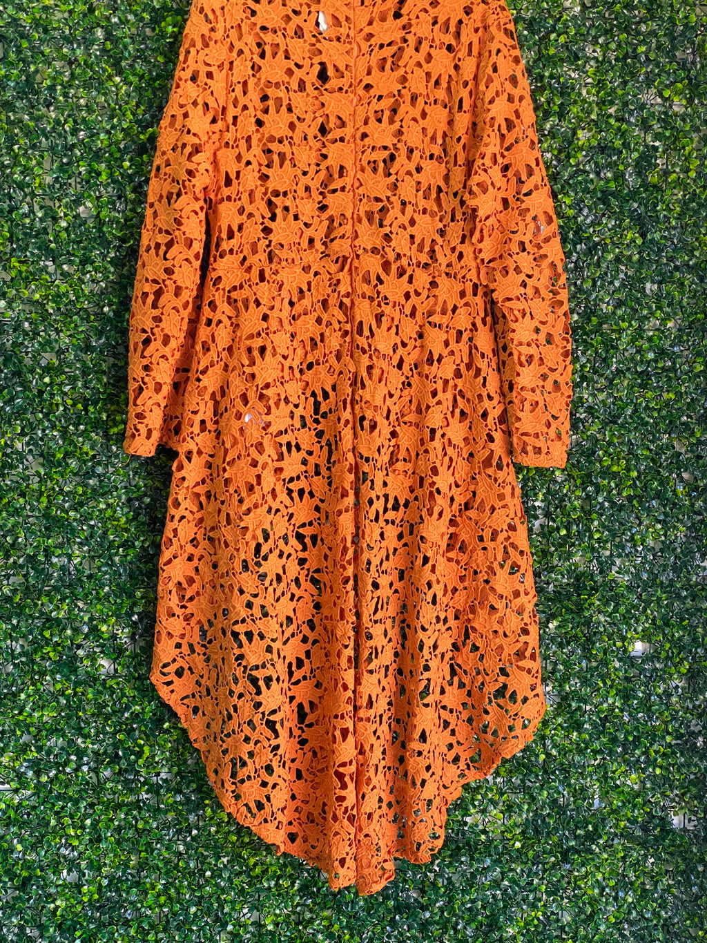Stella Burnt Orange Crochet Lace High-Low Shirt — detail