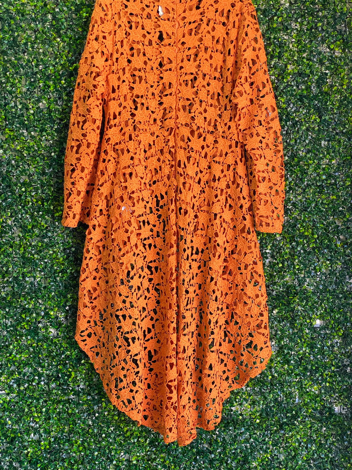 Stella Burnt Orange Crochet Lace High-Low Shirt — detail
