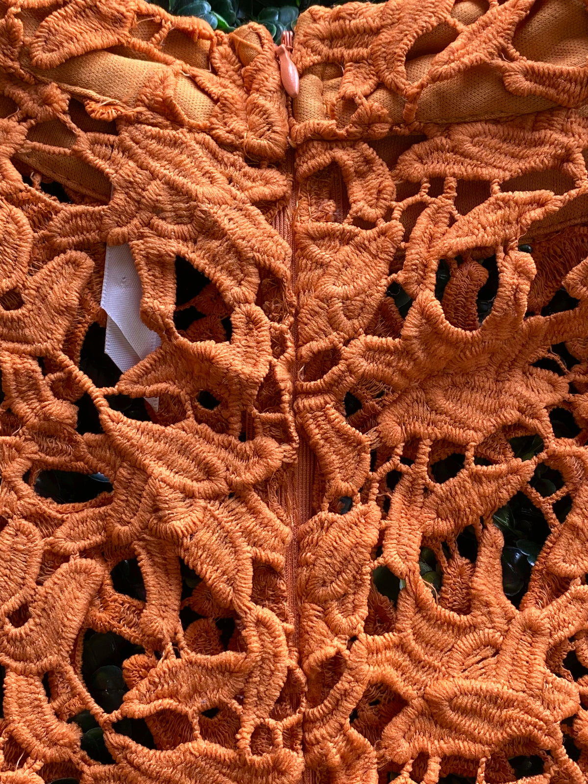 Stella Burnt Orange Crochet Lace High-Low Shirt — detail