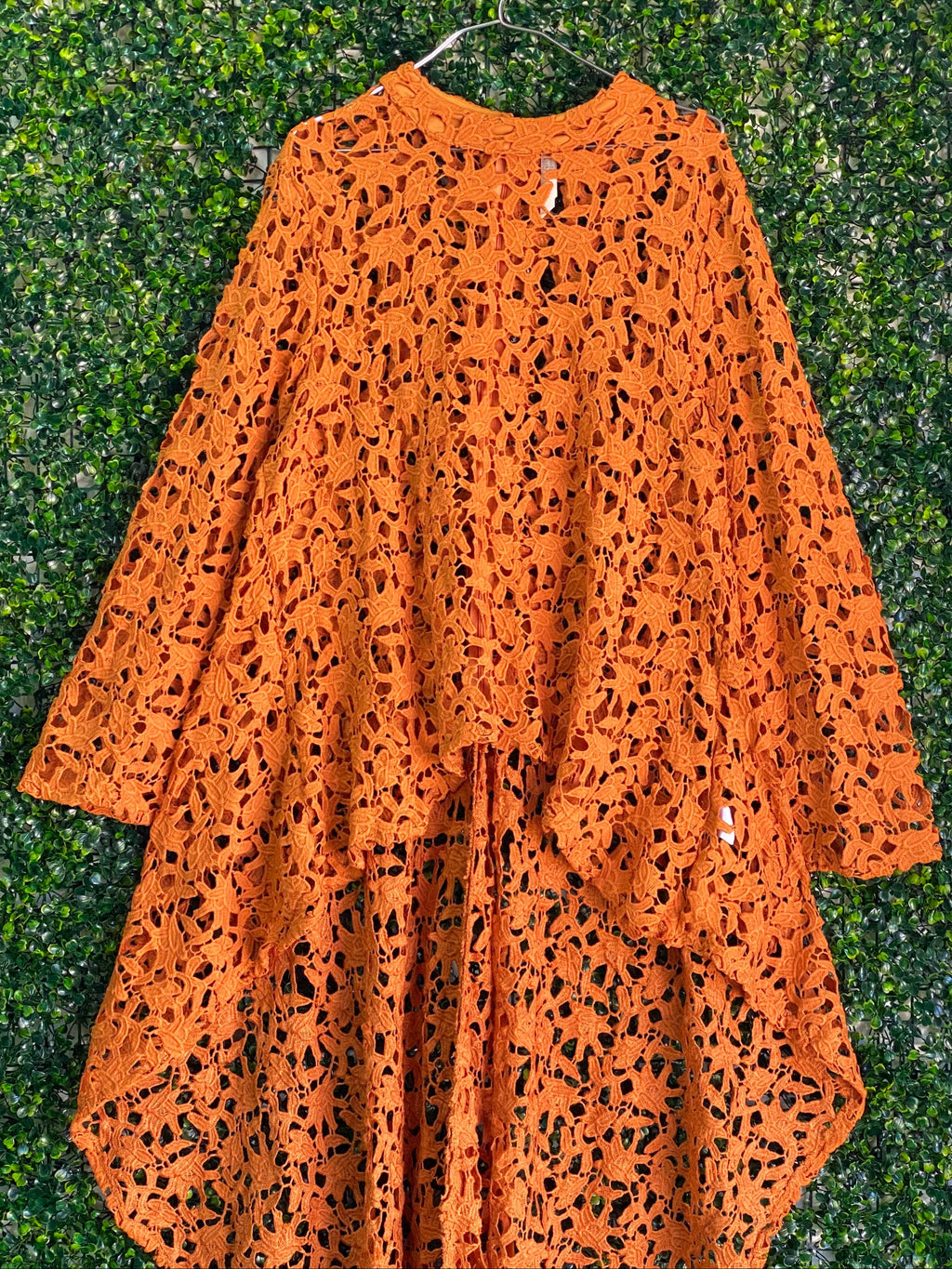 Stella Burnt Orange Crochet Lace High-Low Shirt — front