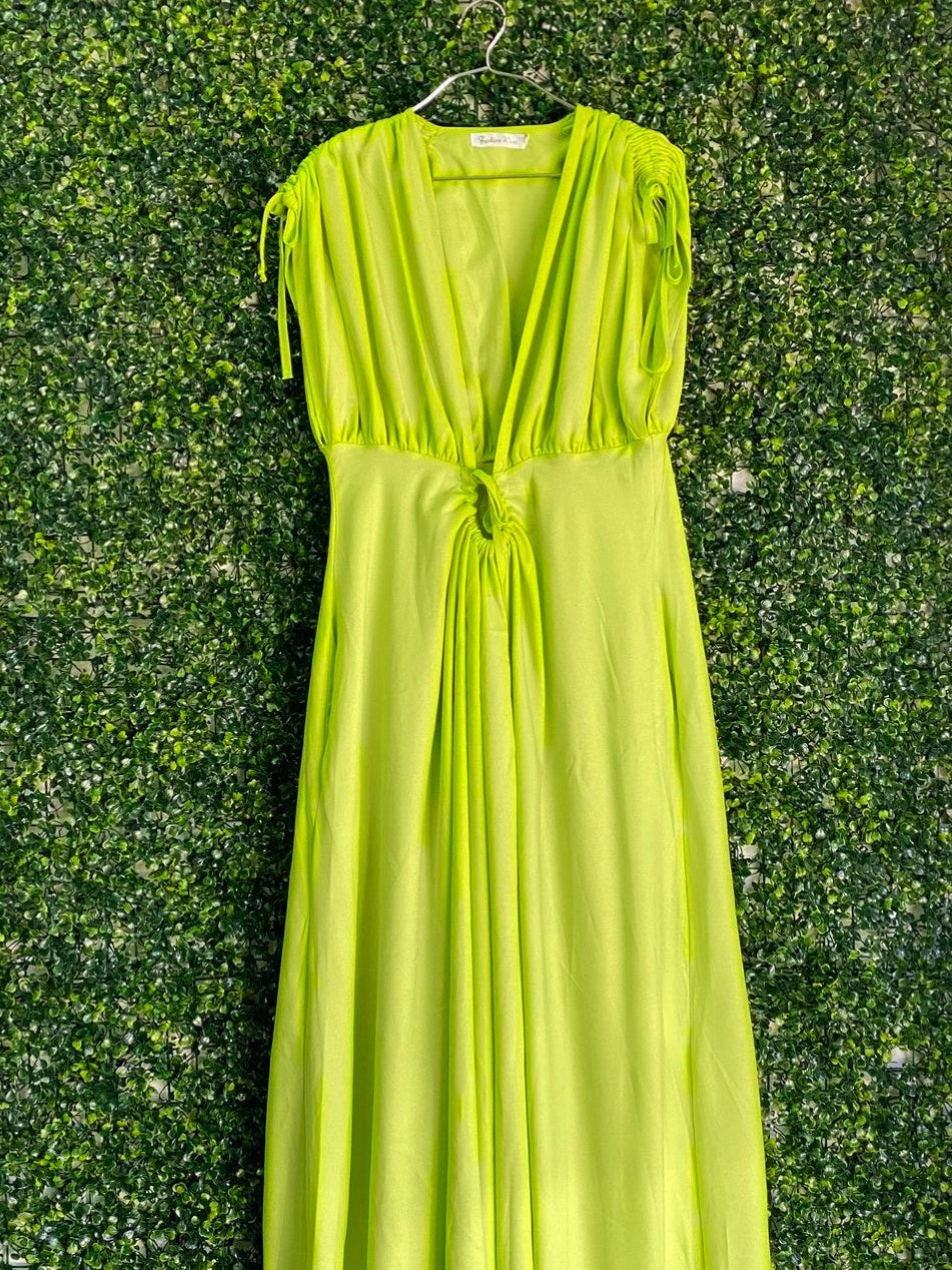 Fashion Wear Lime Ruched Maxi Dress — front