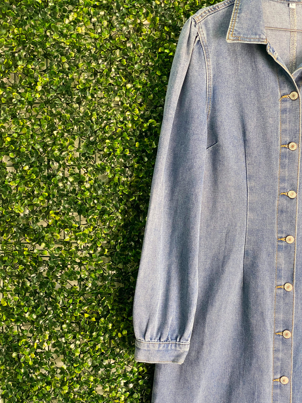 Jie Hang Finery Blue Denim Shirt Dress — detail