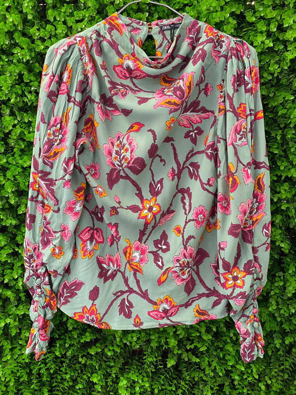 Zara Sage Green Floral Puff Sleeve Blouse