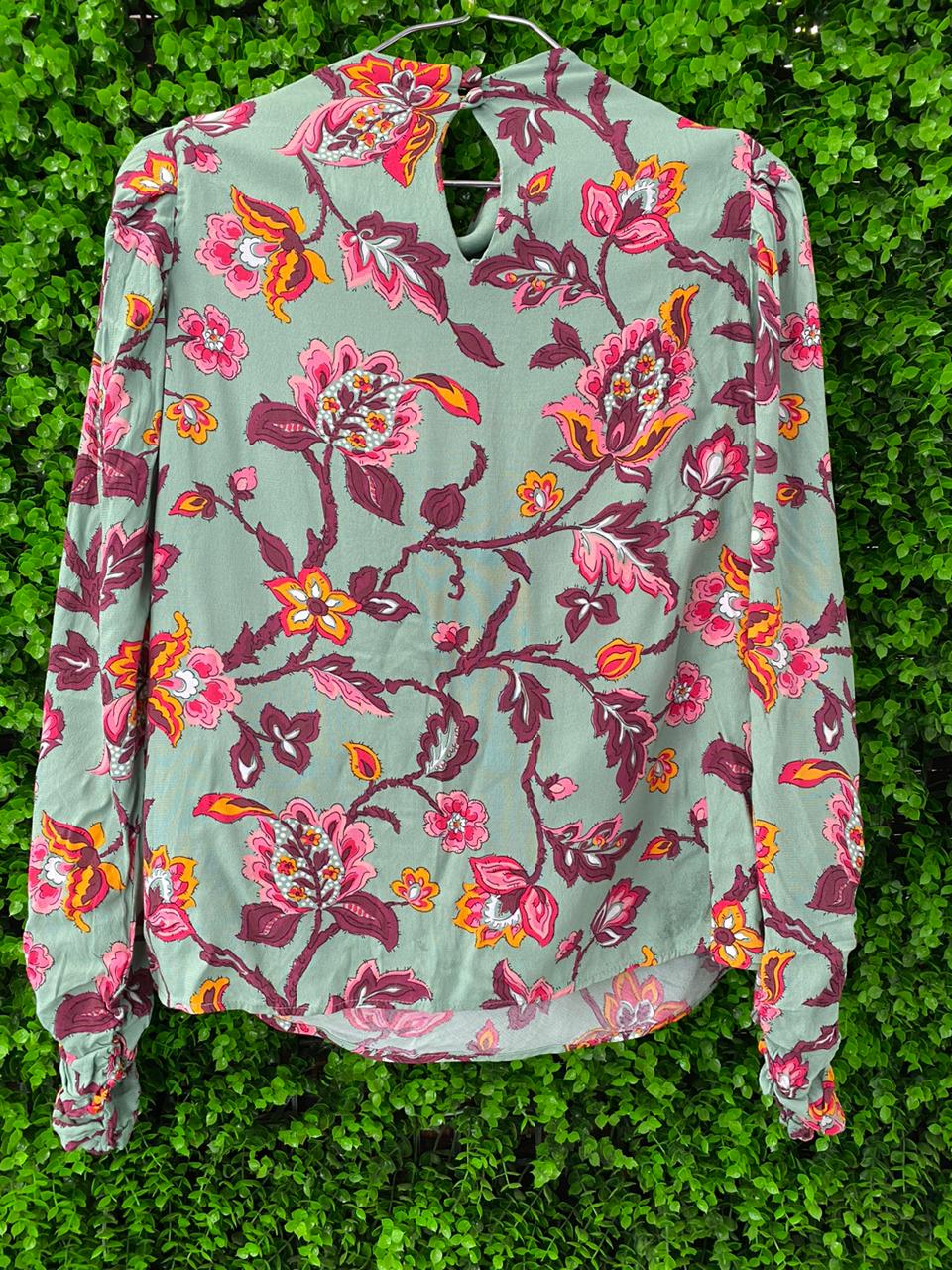 Zara Sage Green Floral Puff Sleeve Blouse