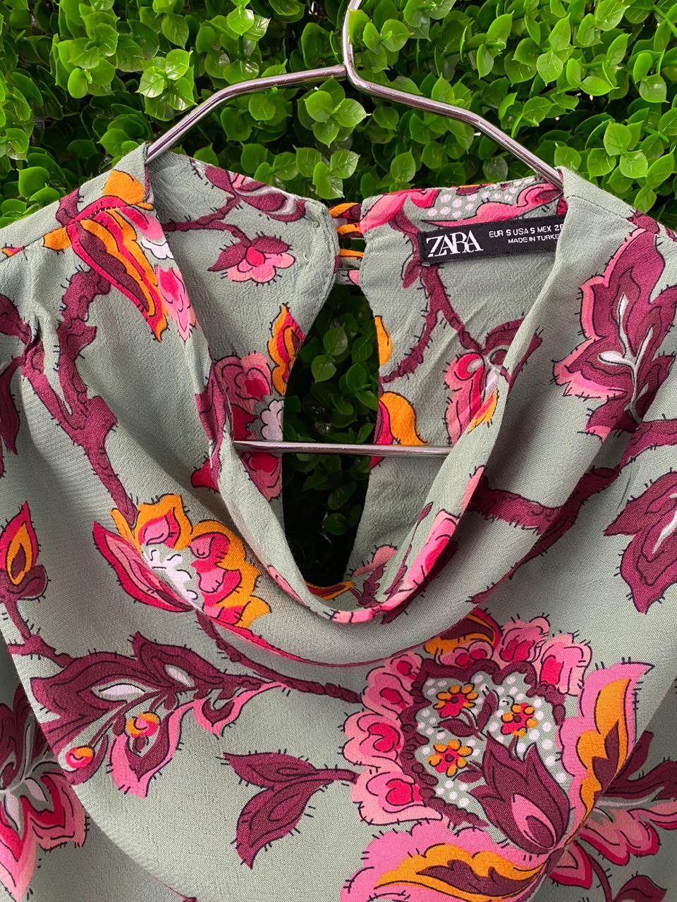 Zara Sage Green Floral Puff Sleeve Blouse