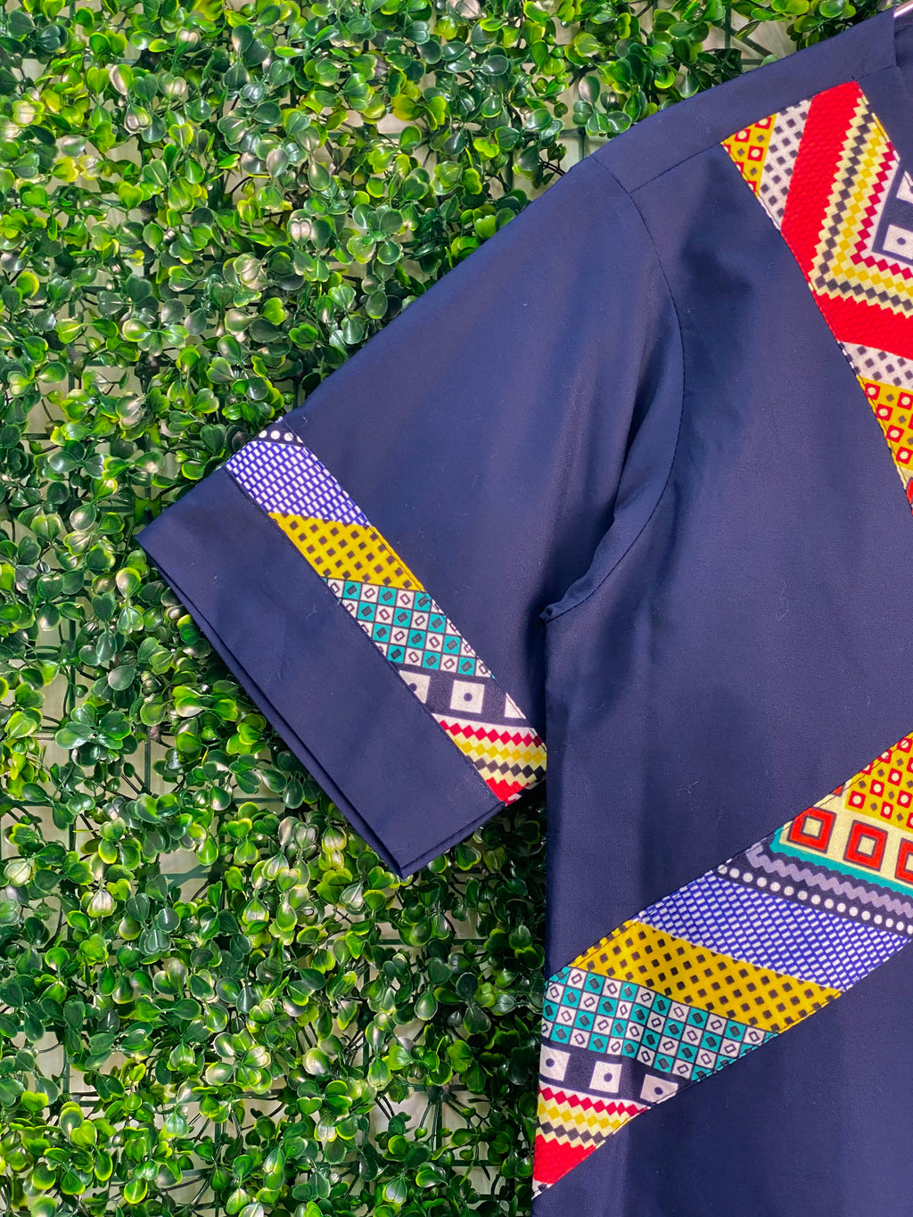 Navy Geometric Print V-Neck Tunic Top — detail