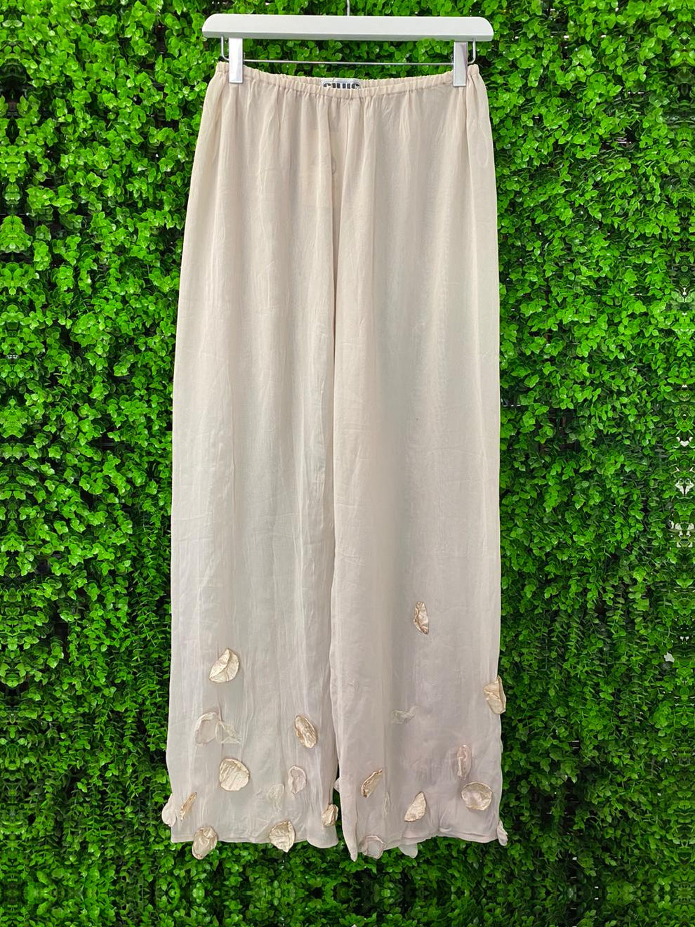 Cream Petal Detail Wide-Leg Pants
