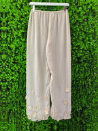 Cream Petal Detail Wide-Leg Pants