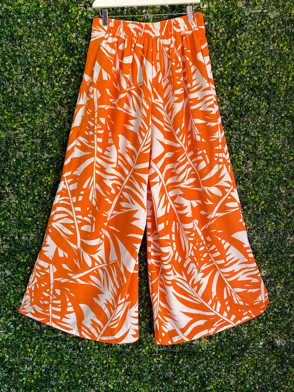 Orange & White Tropical Leaf Wide Leg Pants — back