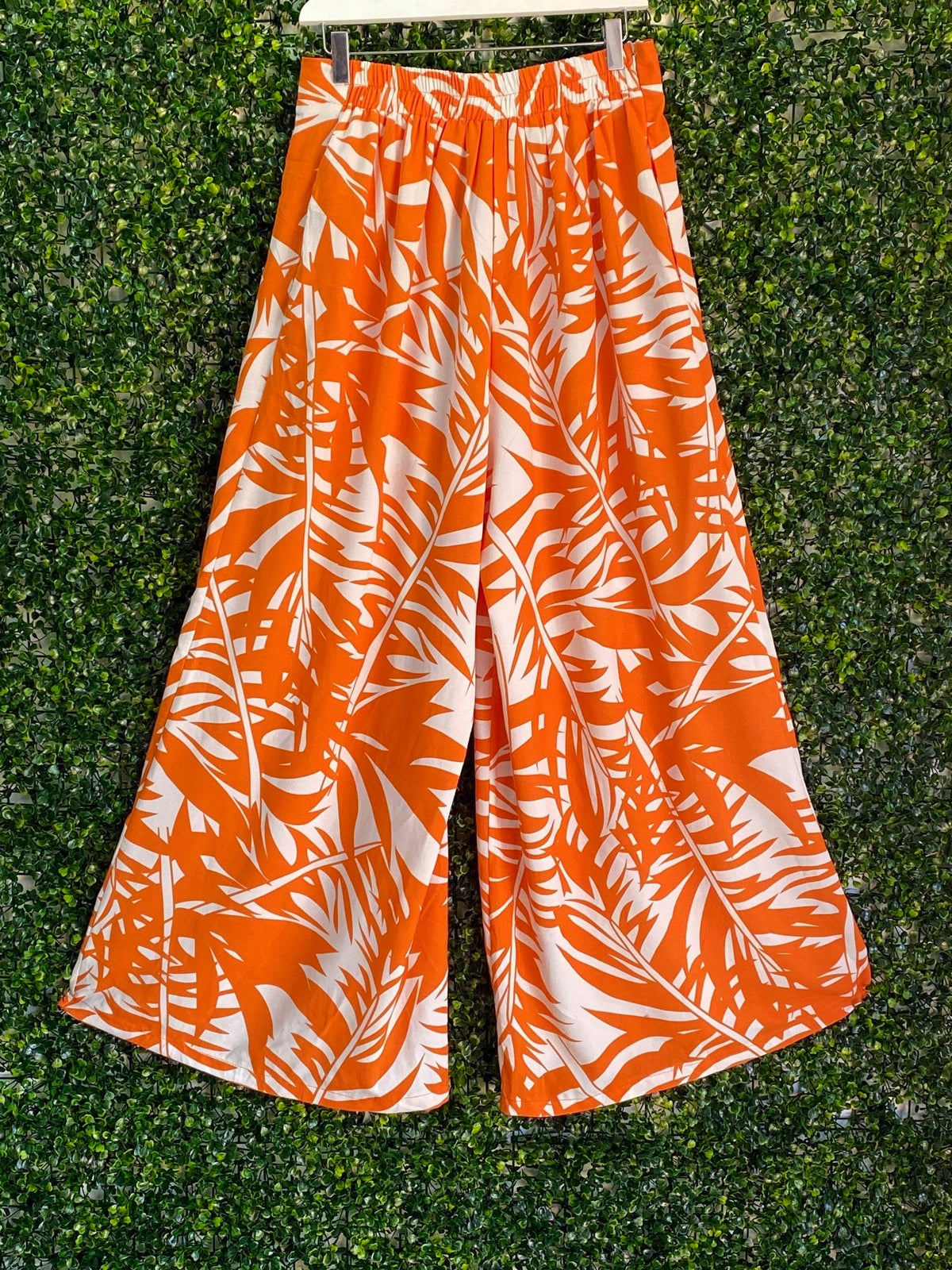 Orange & White Tropical Leaf Wide Leg Pants — back