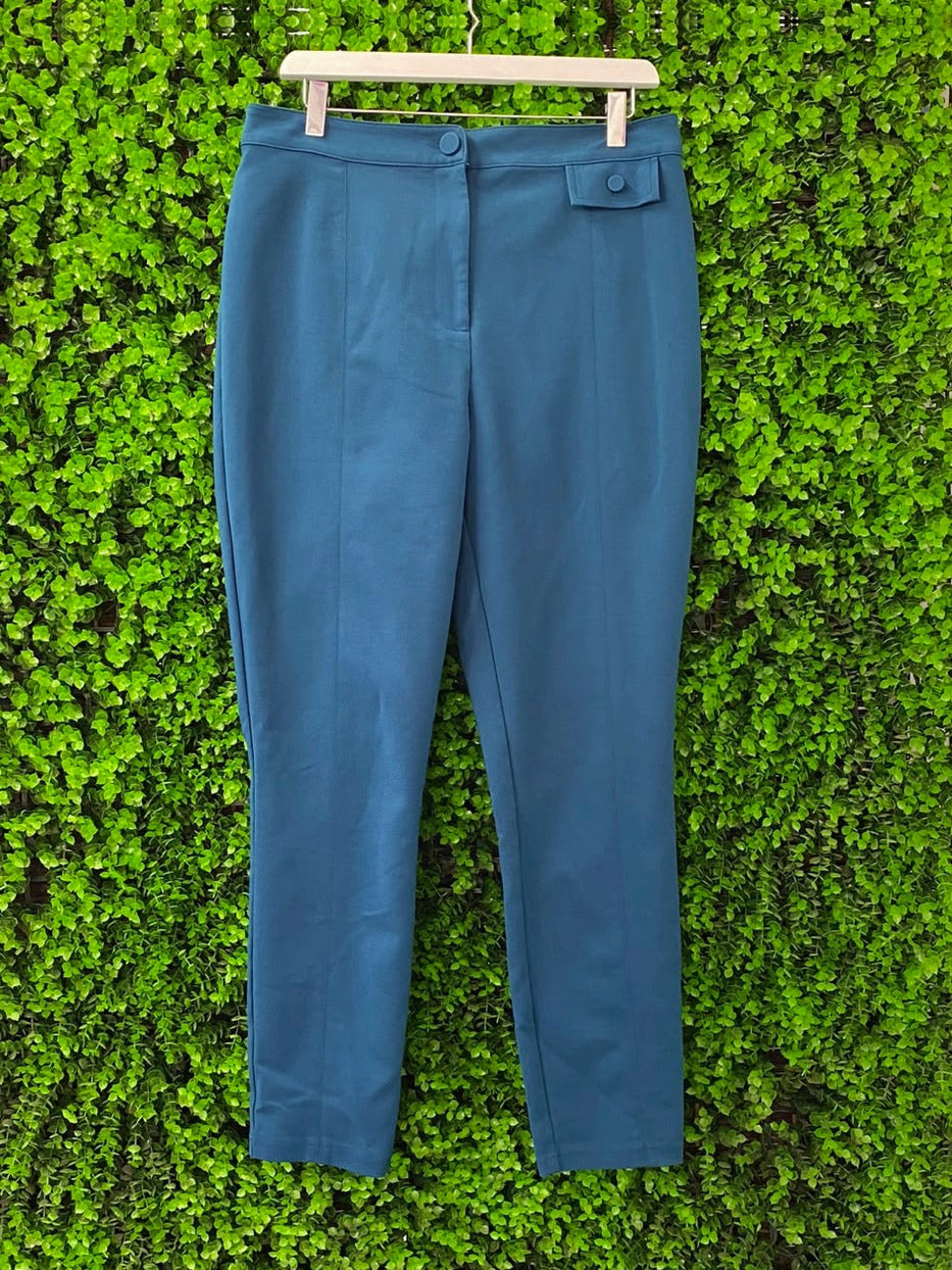 Forever New Teal Tailored Trousers with Metallic Waist Detail