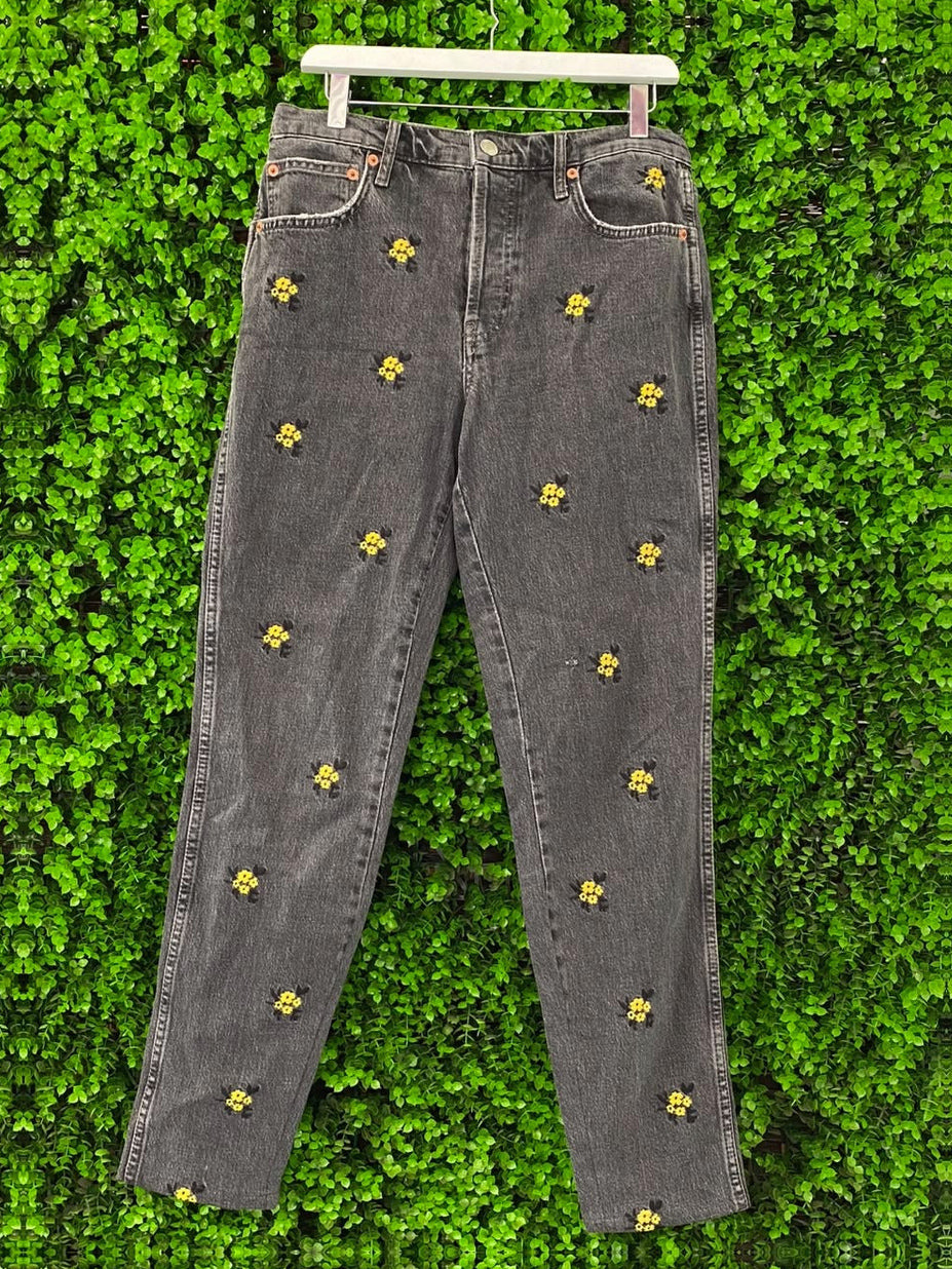 Zara Washed Black Daisy-Embroidered Jeans